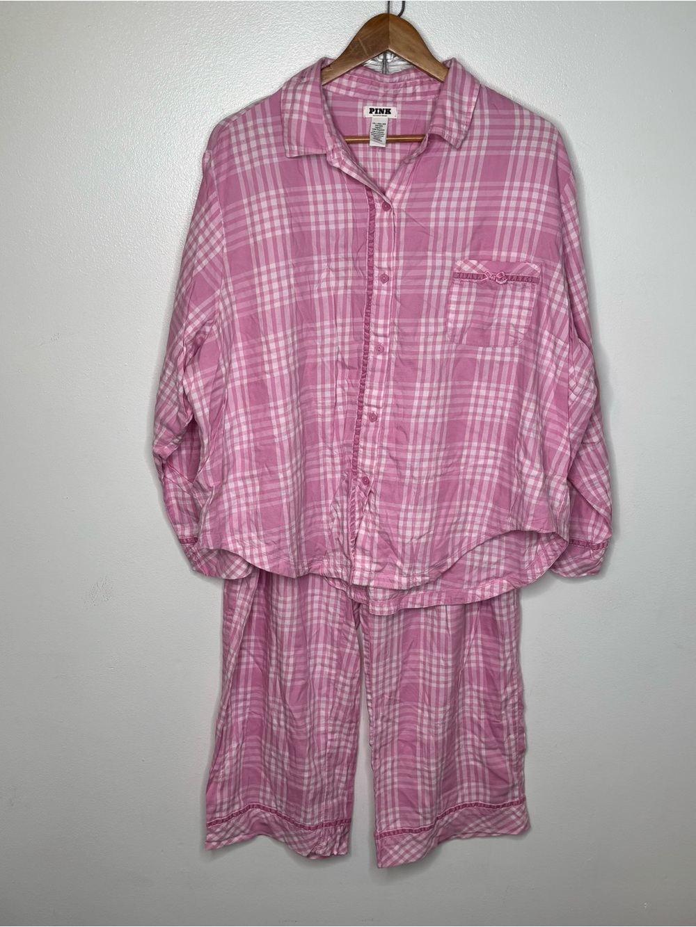 Pink Victorias Secret Pink White Checkered Plaid Feminine 2 Pc Pj Set XXL